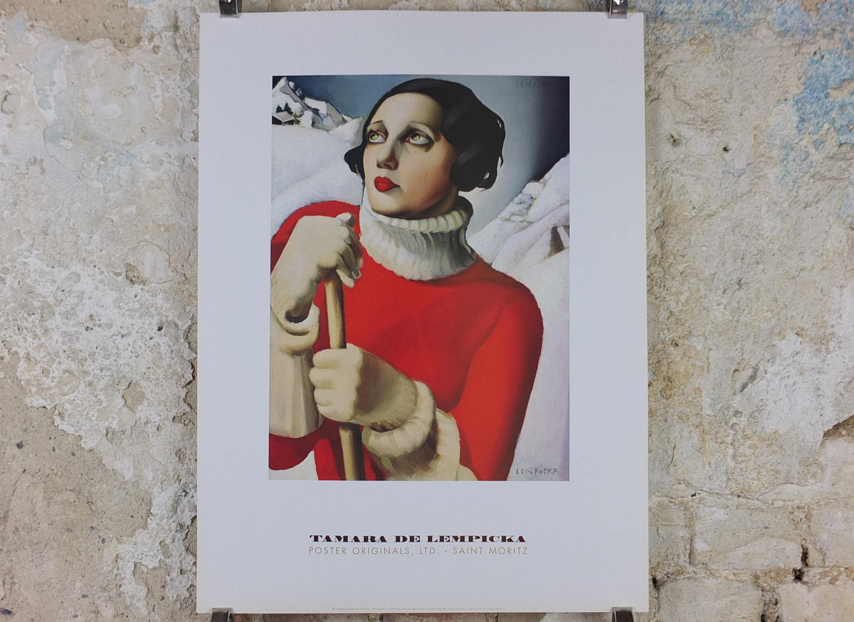2000 Tamara de Lempicka Poster, St Moritz 1929, Red ski suit Lady, Art Deco Nouveau, cubism neoclassical gallery exhibition, wall art decor