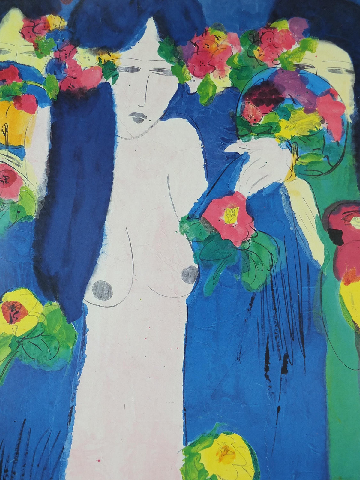 1990 Walasse Ting Poster, Three ladies with parrots, colourful popular figuratism, pop art, gallery, wall art decor