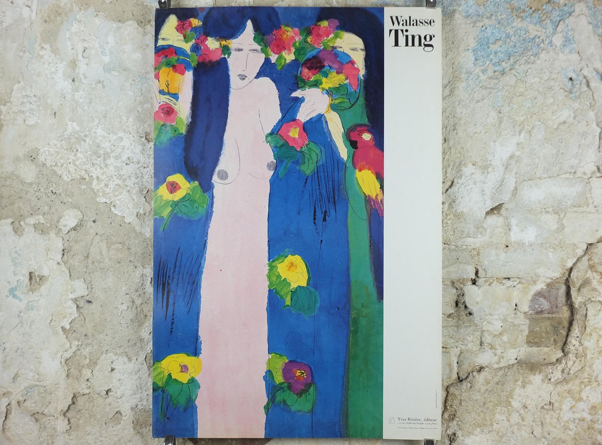 1990 Walasse Ting Poster, Three ladies with parrots, colourful popular figuratism, pop art, gallery, wall art decor