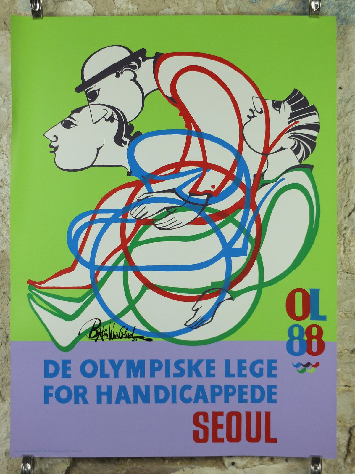 1988 Bjørn Wiinblad Poster, Seoul Olympics and Paralympics, Wheelchair Racing, sport wall art decor