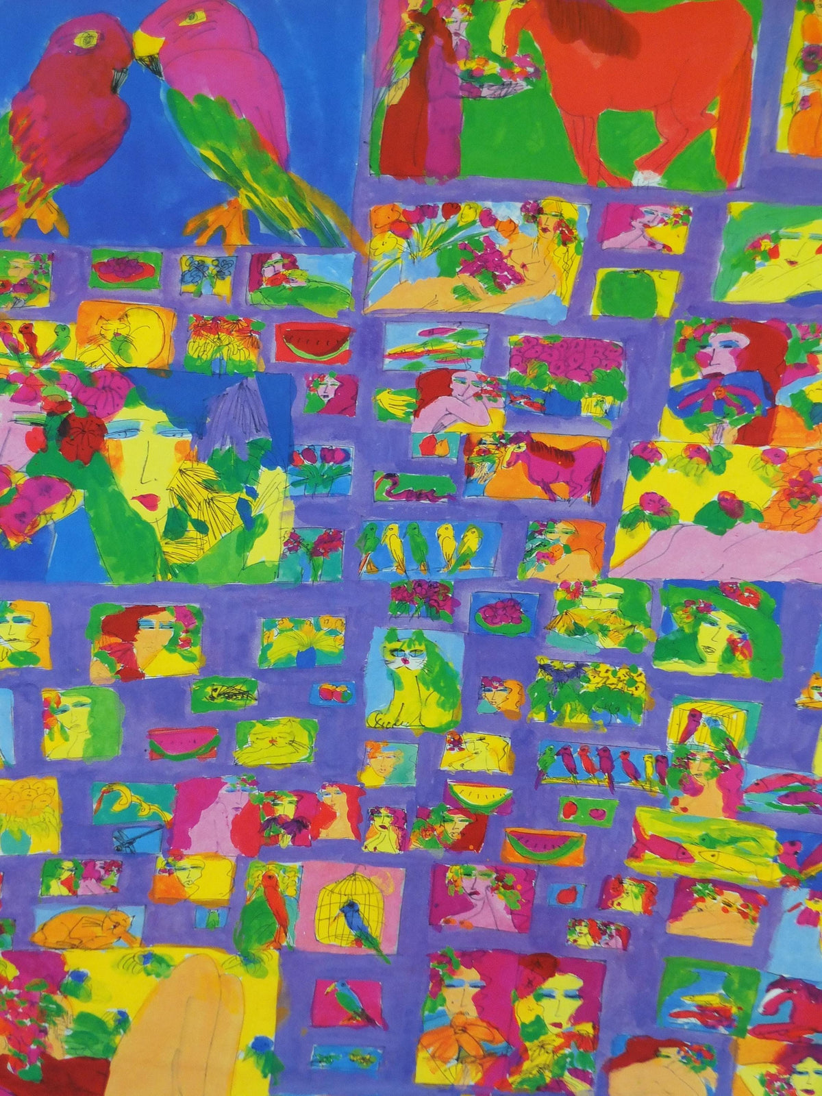 1997 Walasse Ting Poster, People, parrots, horses & flowers, colourful popular figuratism, pop art, gallery exhibition, wall art decor