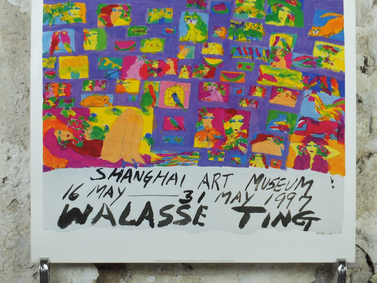 1997 Walasse Ting Poster, People, parrots, horses & flowers, colourful popular figuratism, pop art, gallery exhibition, wall art decor
