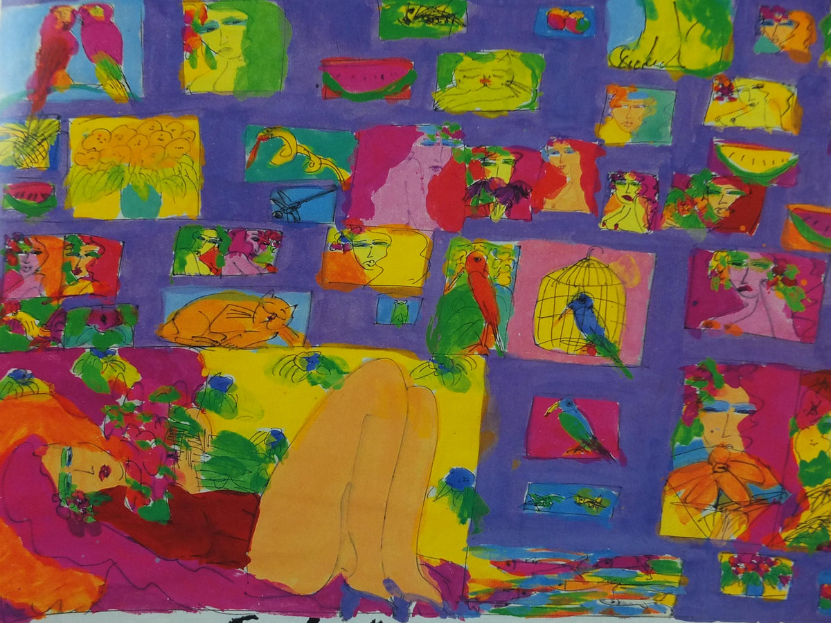 1997 Walasse Ting Poster, People, parrots, horses & flowers, colourful popular figuratism, pop art, gallery exhibition, wall art decor