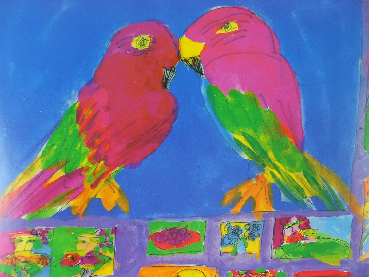 1997 Walasse Ting Poster, People, parrots, horses & flowers, colourful popular figuratism, pop art, gallery exhibition, wall art decor