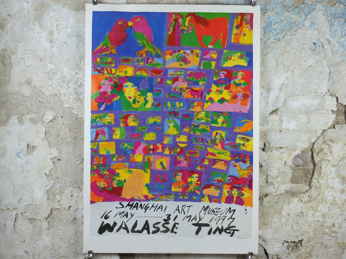 1997 Walasse Ting Poster, People, parrots, horses & flowers, colourful popular figuratism, pop art, gallery exhibition, wall art decor