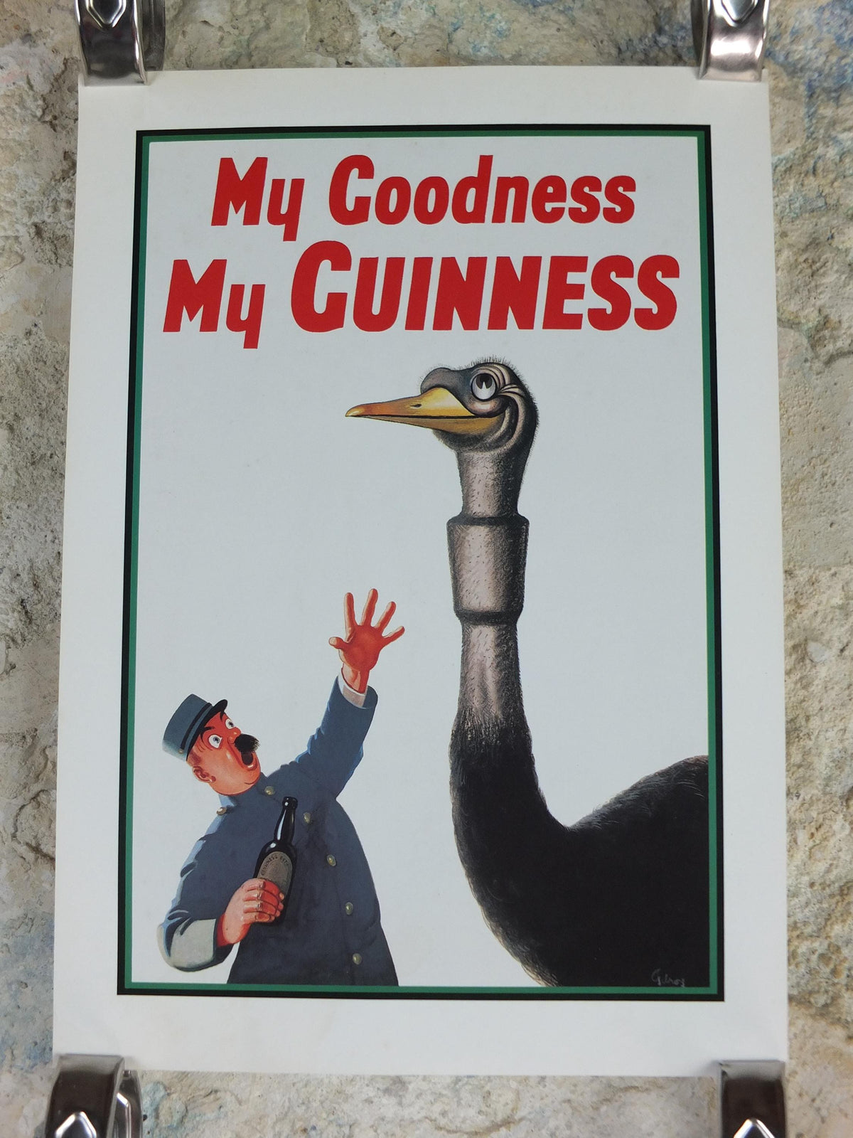 1981 John Gilroy Guinness Toucan Poster, Ostrich 1936, Guinness Zookeeper with ostrich who has swallowed his pint, wall art retro decor