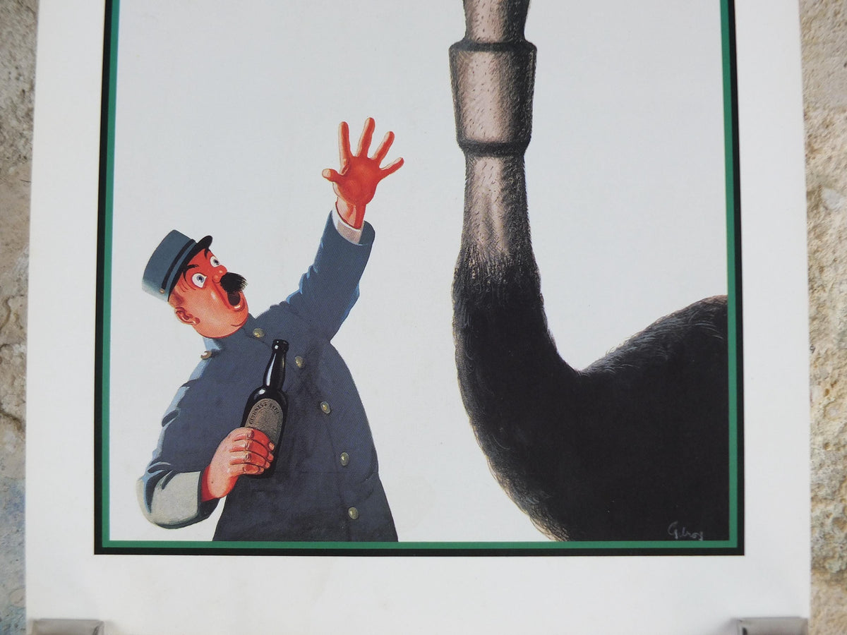 1981 John Gilroy Guinness Toucan Poster, Ostrich 1936, Guinness Zookeeper with ostrich who has swallowed his pint, wall art retro decor