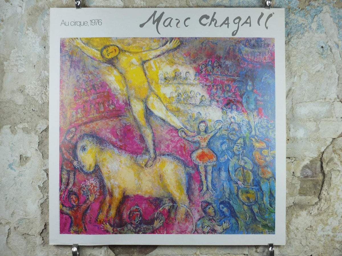 1987 Marc Chagall Poster, At the Circus, Au Cirque 1976, colourful Cubism and Expressionism, gallery exhibition, wall art decor
