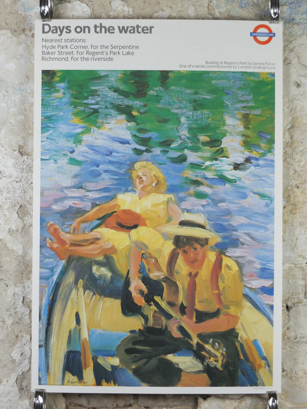 1989 Tube London Underground Poster, Days on the Water, Sandra Fisher, authentic London history, travel history, wall art decor, 	
Boats River Thames Serpentine Open air London
