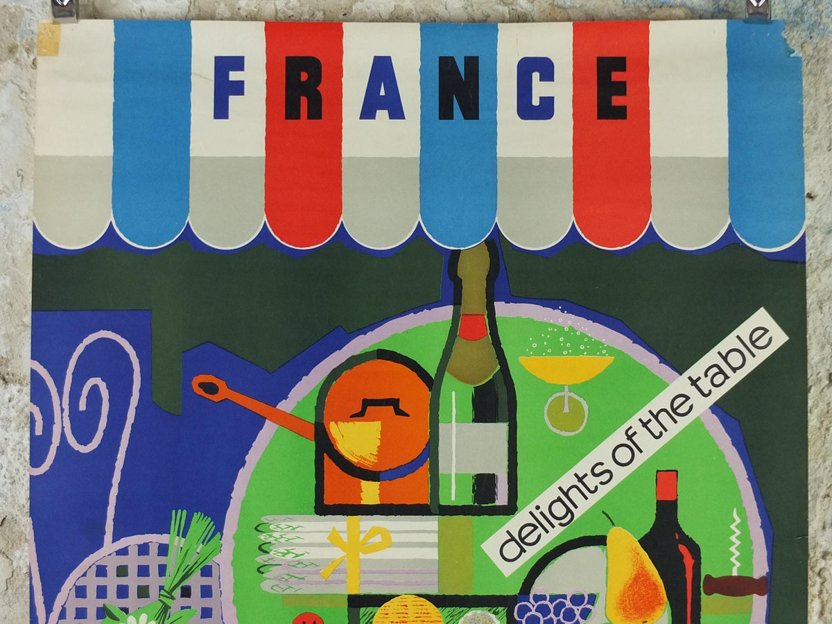 1950s France Delights of the Table Poster, "Joie de Vivre!" by Dumoulin, colourful cafe cheese, wine and fruit, kitchenalia wall art decor