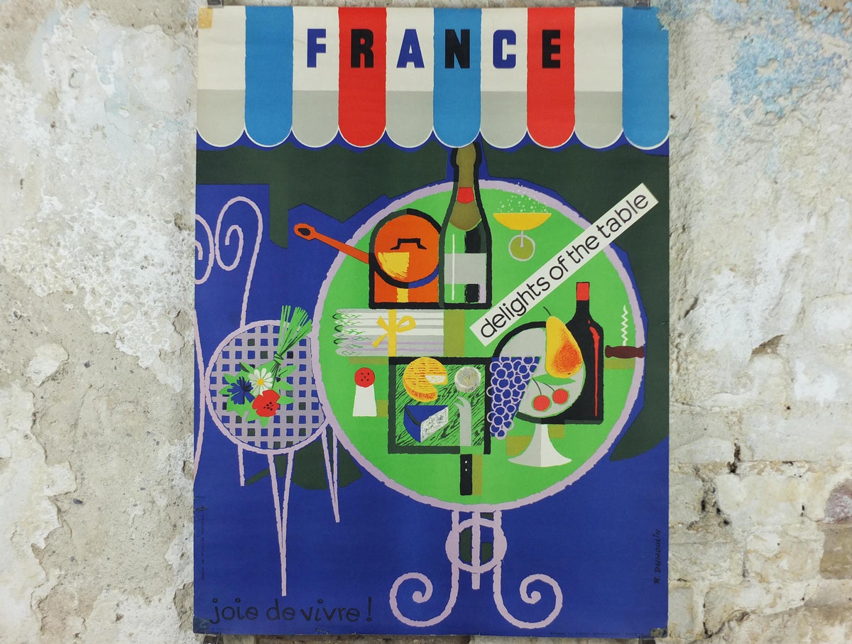 1950s France Delights of the Table Poster, "Joie de Vivre!" by Dumoulin, colourful cafe cheese, wine and fruit, kitchenalia wall art decor