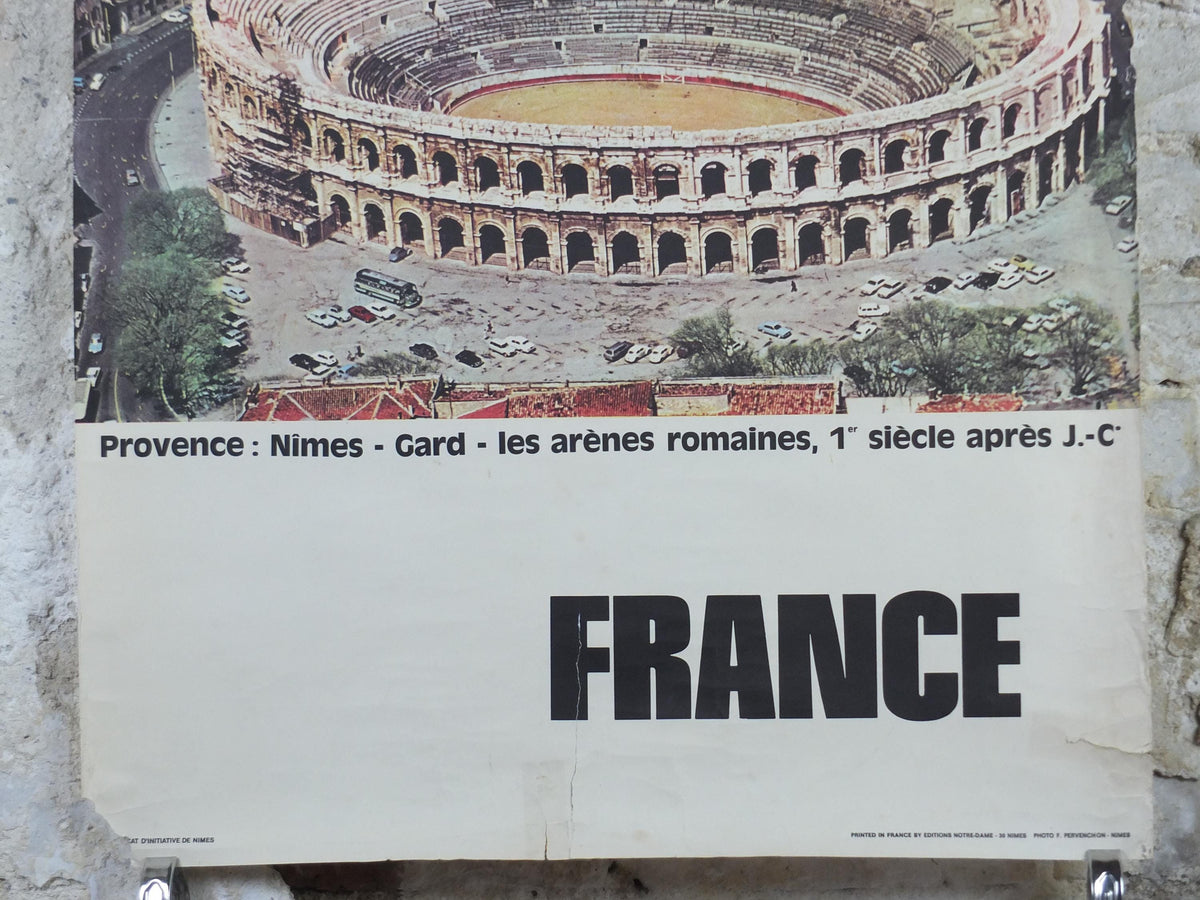 1960s Arena of Nîmes Poster, Provence, France, 1st century Roman amphitheatre architecture, travel wall art decor