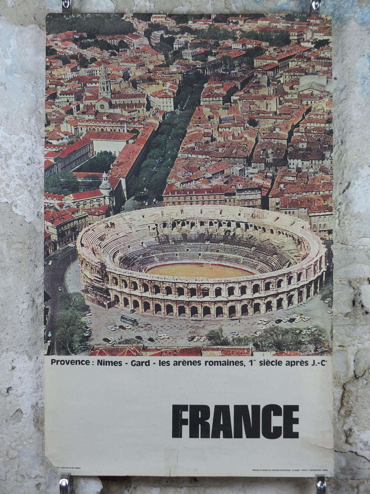 1960s Arena of Nîmes Poster, Provence, France, 1st century Roman amphitheatre architecture, travel wall art decor