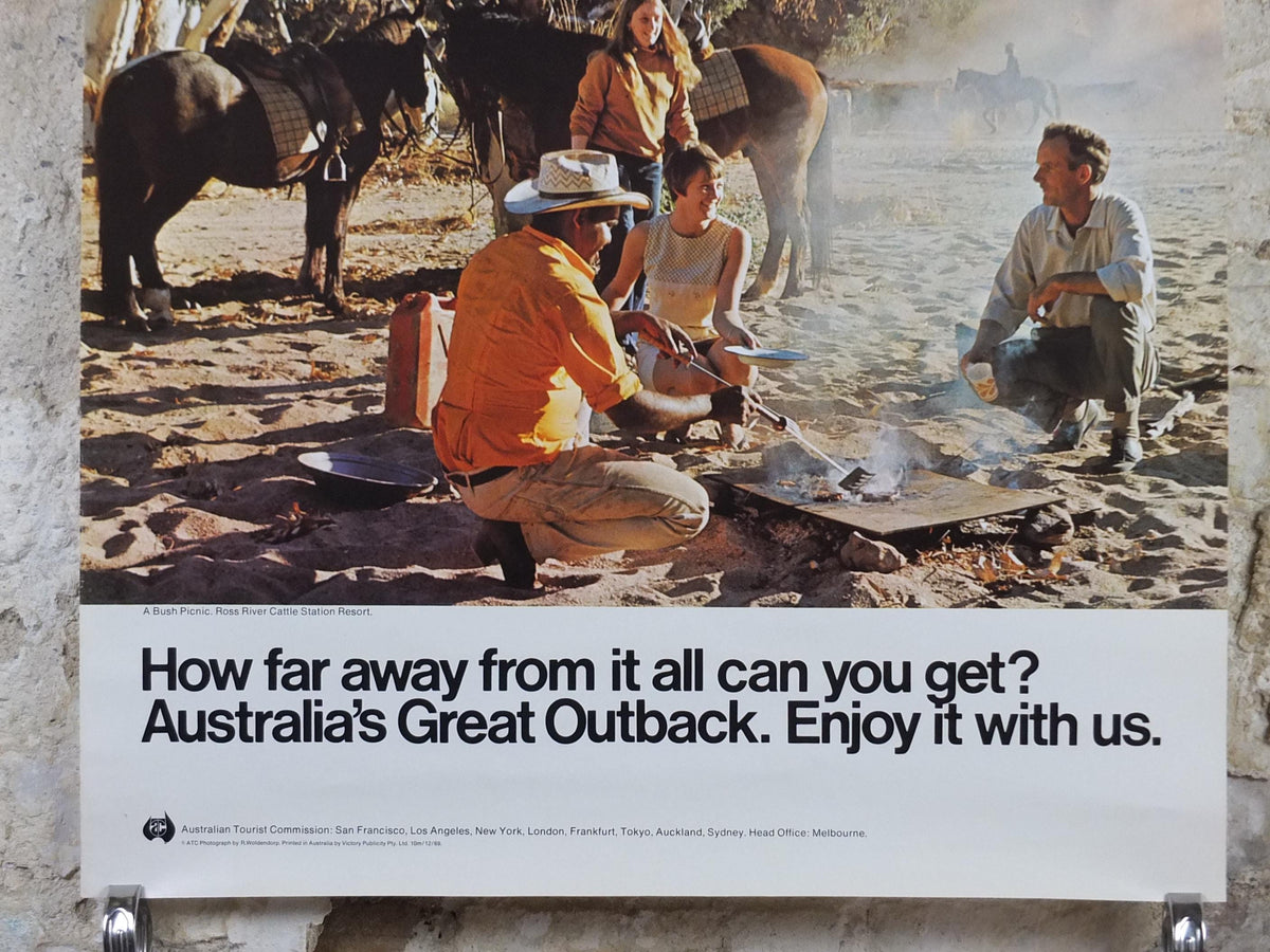 1969 Australia Outback Poster, A bush picnic and BBQ at the Ross River Cattle Station Resort, great outdoors travel & tourism wall art decor
