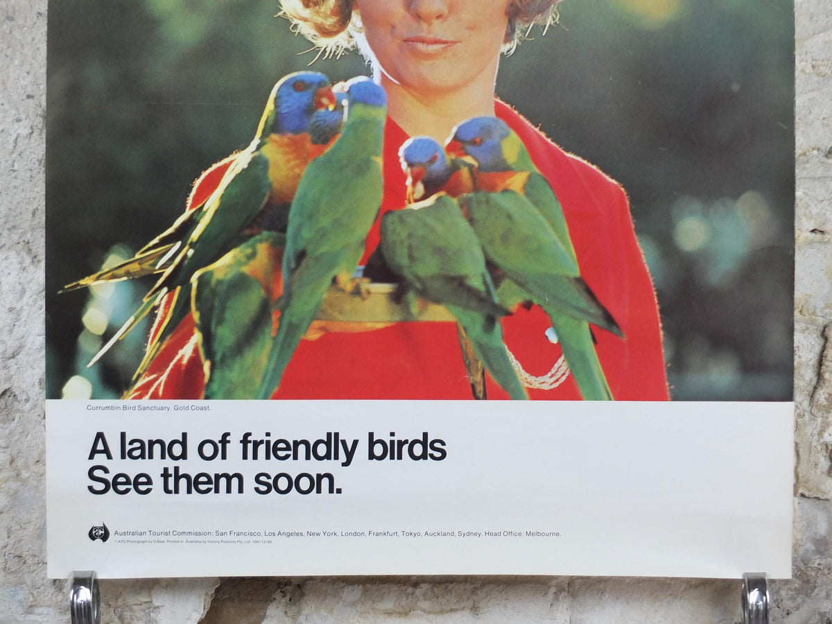 1969 Australia Currumbin Bird Sanctuary Poster, Sixties girl surrounded by colourful parrots and lorikeets, Gold Coast travel wall art decor