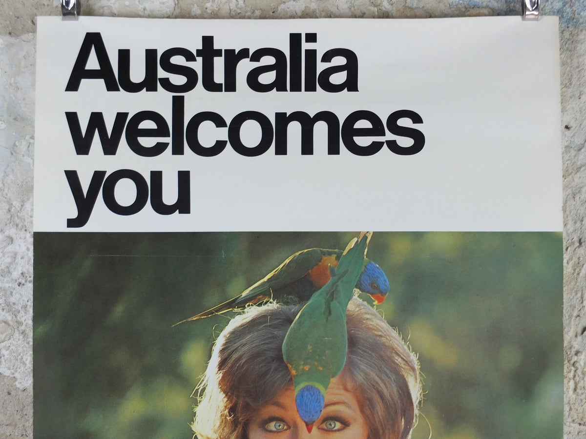 1969 Australia Currumbin Bird Sanctuary Poster, Sixties girl surrounded by colourful parrots and lorikeets, Gold Coast travel wall art decor