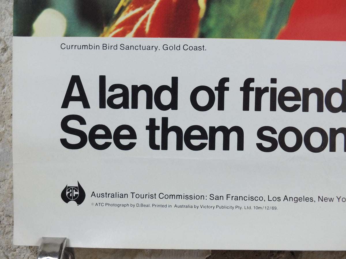 1969 Australia Currumbin Bird Sanctuary Poster, Sixties girl surrounded by colourful parrots and lorikeets, Gold Coast travel wall art decor