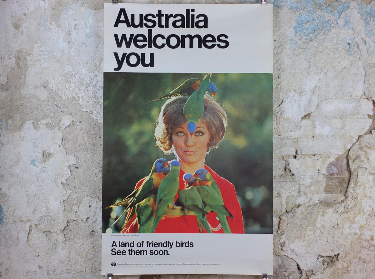 1969 Australia Currumbin Bird Sanctuary Poster, Sixties girl surrounded by colourful parrots and lorikeets, Gold Coast travel wall art decor