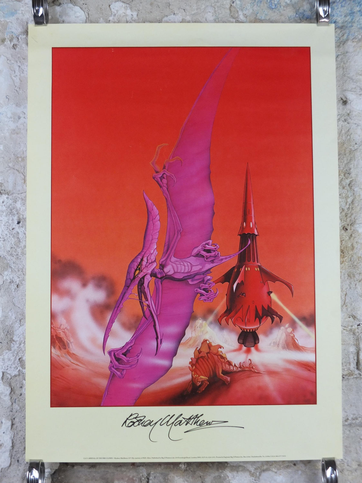 1977 signed Rodney Matthews Poster, Arrival of the Fire Clown, GA71 epic adventure quest art, Big O Posters, fantasy wall art decor dinosaurs red rocket