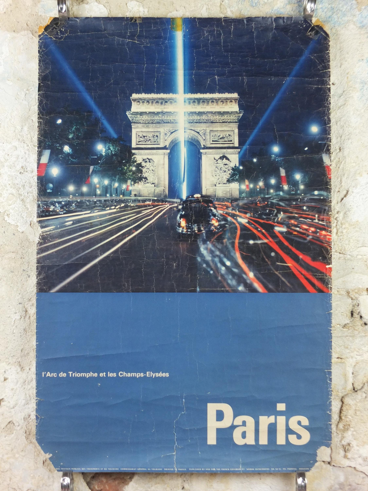 1962 Arc de Triomphe Paris Poster, Champs-Élysées at the centre of Place Charles de Gaulle, France, well worn, travel wall art decor