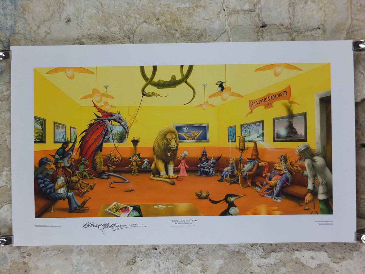 2013 Vet waiting room Poster, hand signed by Rodney Matthews, a pet surgery waiting room full of fantastical animals, fantasy wall art decor