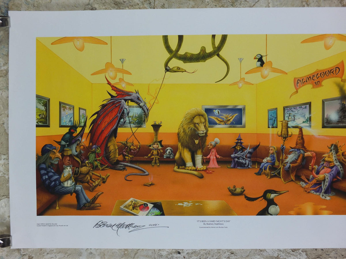 2013 Vet waiting room Poster, hand signed by Rodney Matthews, a pet surgery waiting room full of fantastical animals, fantasy wall art decor
