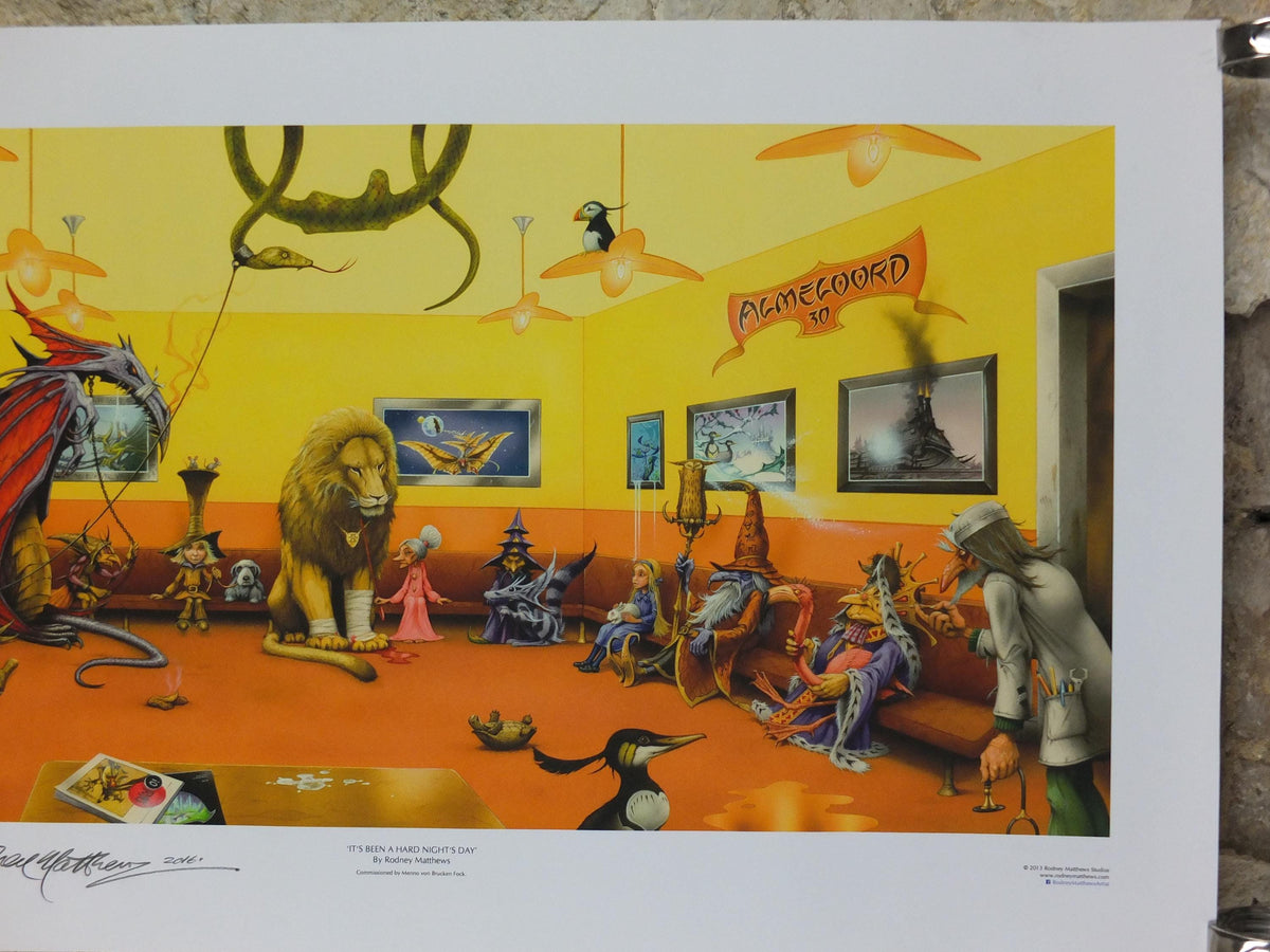 2013 Vet waiting room Poster, hand signed by Rodney Matthews, a pet surgery waiting room full of fantastical animals, fantasy wall art decor