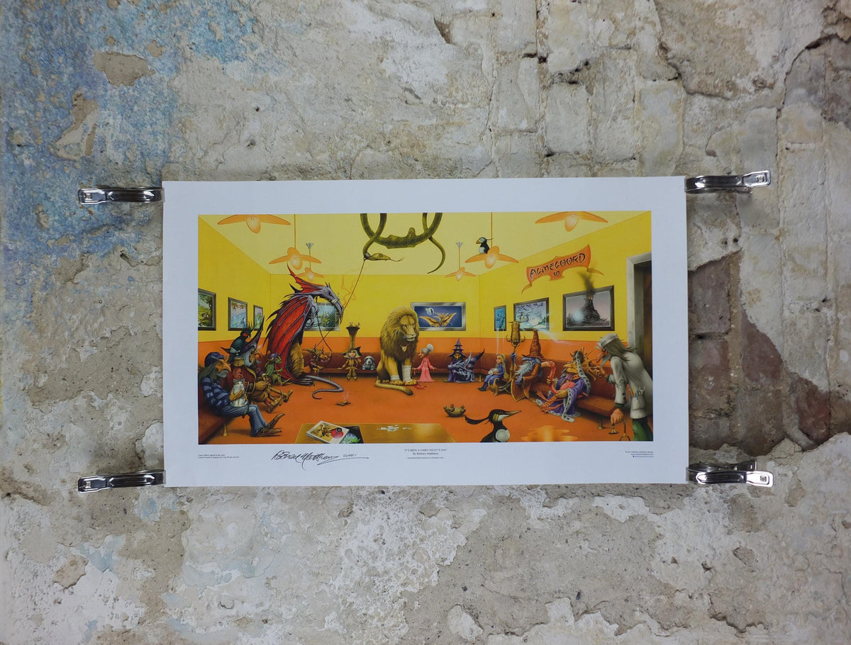 2013 Vet waiting room Poster, hand signed by Rodney Matthews, a pet surgery waiting room full of fantastical animals, fantasy wall art decor