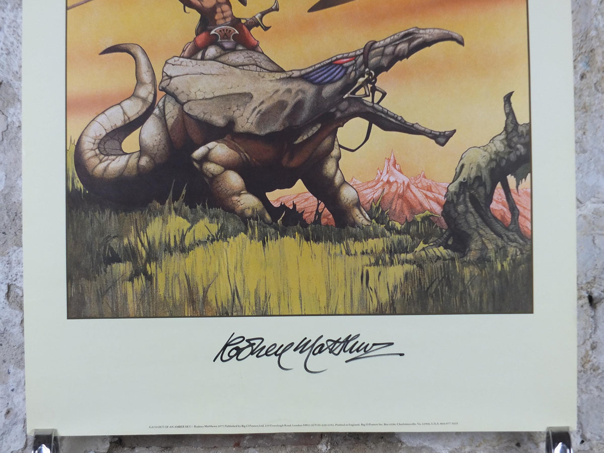 1977 signed Rodney Matthews Poster, Out of an Amber Sky, GA70 epic scifi adventure quest art, Big O Posters, fantasy wall art decor