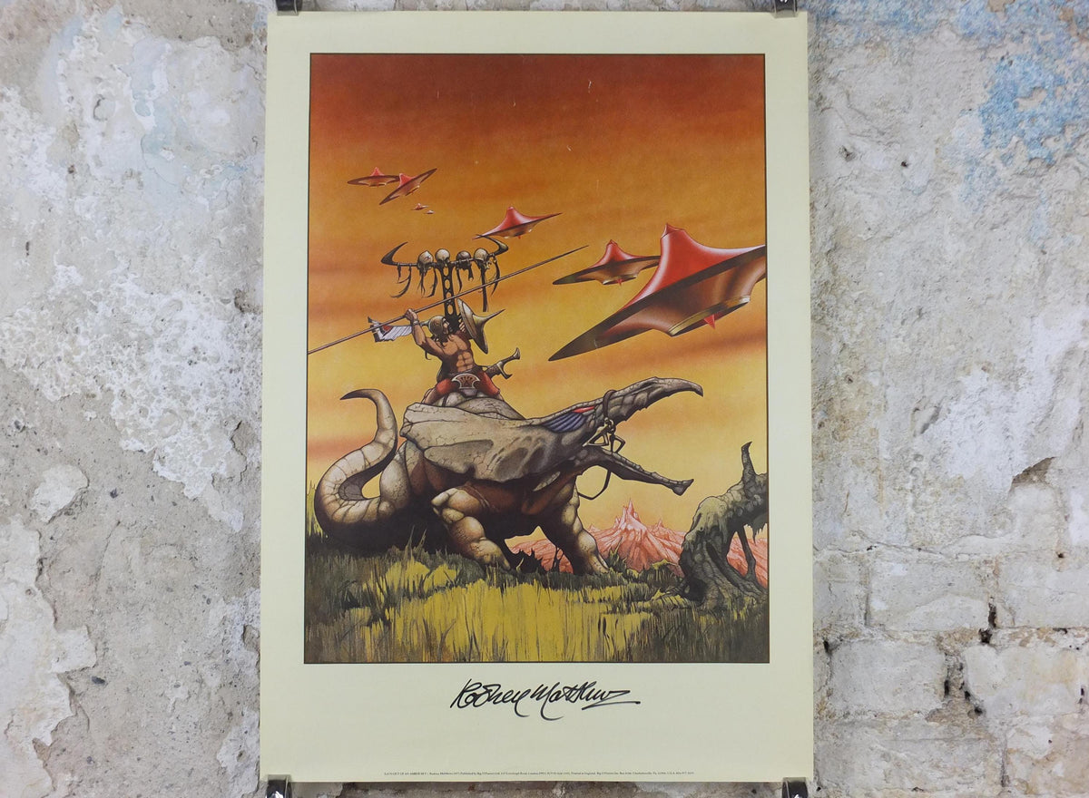 1977 signed Rodney Matthews Poster, Out of an Amber Sky, GA70 epic scifi adventure quest art, Big O Posters, fantasy wall art decor