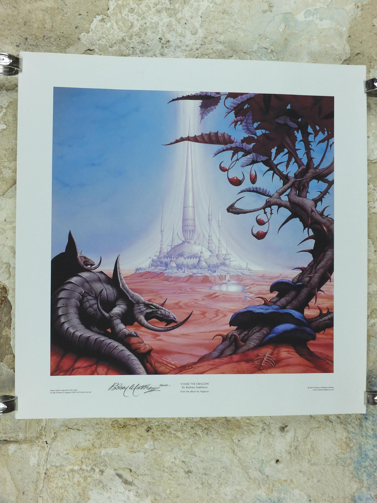 signed 2007 Magnum Chase the Dragon Poster, signed by Rodney Matthews, epic adventure quest art, triceratops dinosaur, scifi wall art decor