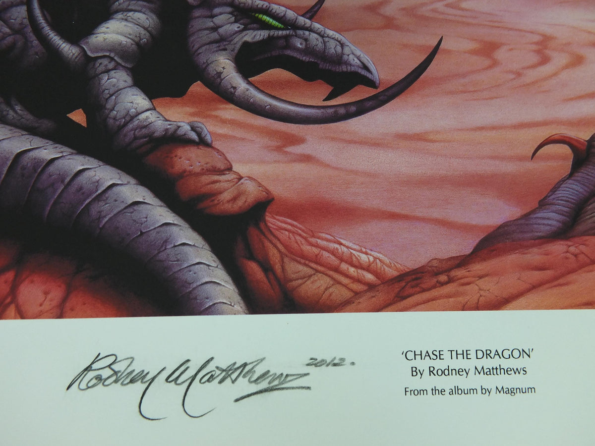 signed 2007 Magnum Chase the Dragon Poster, signed by Rodney Matthews, epic adventure quest art, triceratops dinosaur, scifi wall art decor