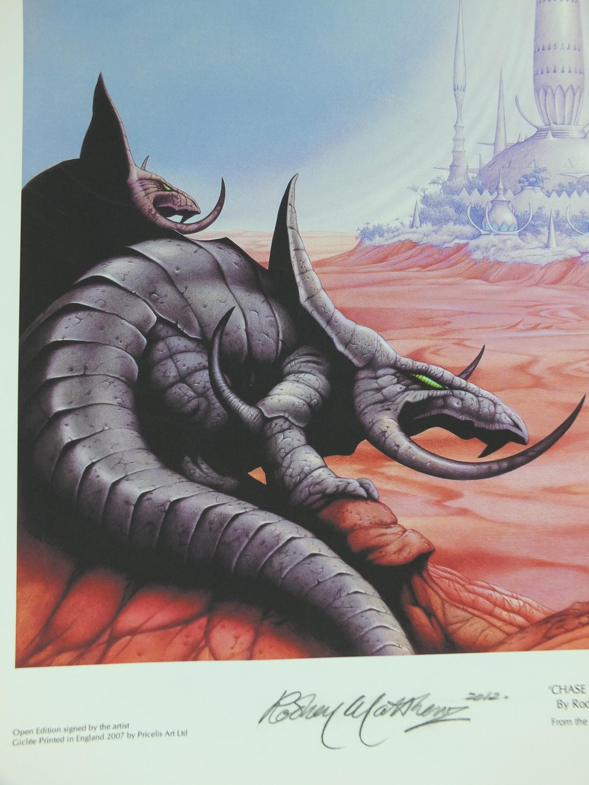 signed 2007 Magnum Chase the Dragon Poster, signed by Rodney Matthews, epic adventure quest art, triceratops dinosaur, scifi wall art decor