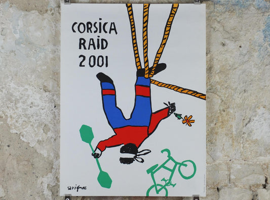 2001 Corsica Raid Poster, by Raymond Savignac, endurance nature sports for eco-adventurers in Corsica, adventure wall art decor