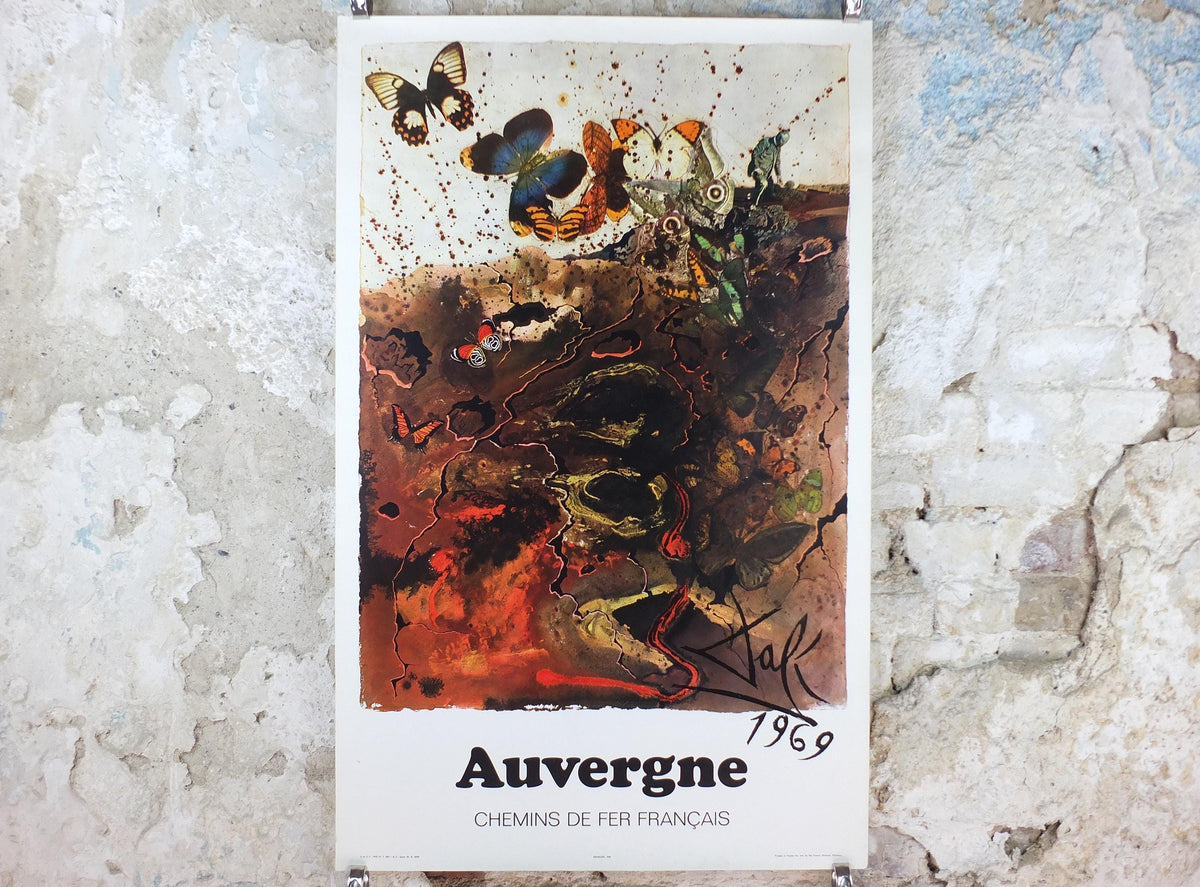 Vintage Dali Auvergne Poster, Salvador Dali, Butterflies, SNCF, travel tourism, 100cmx62cm, Chemins de fer Francais, wall art 1970s