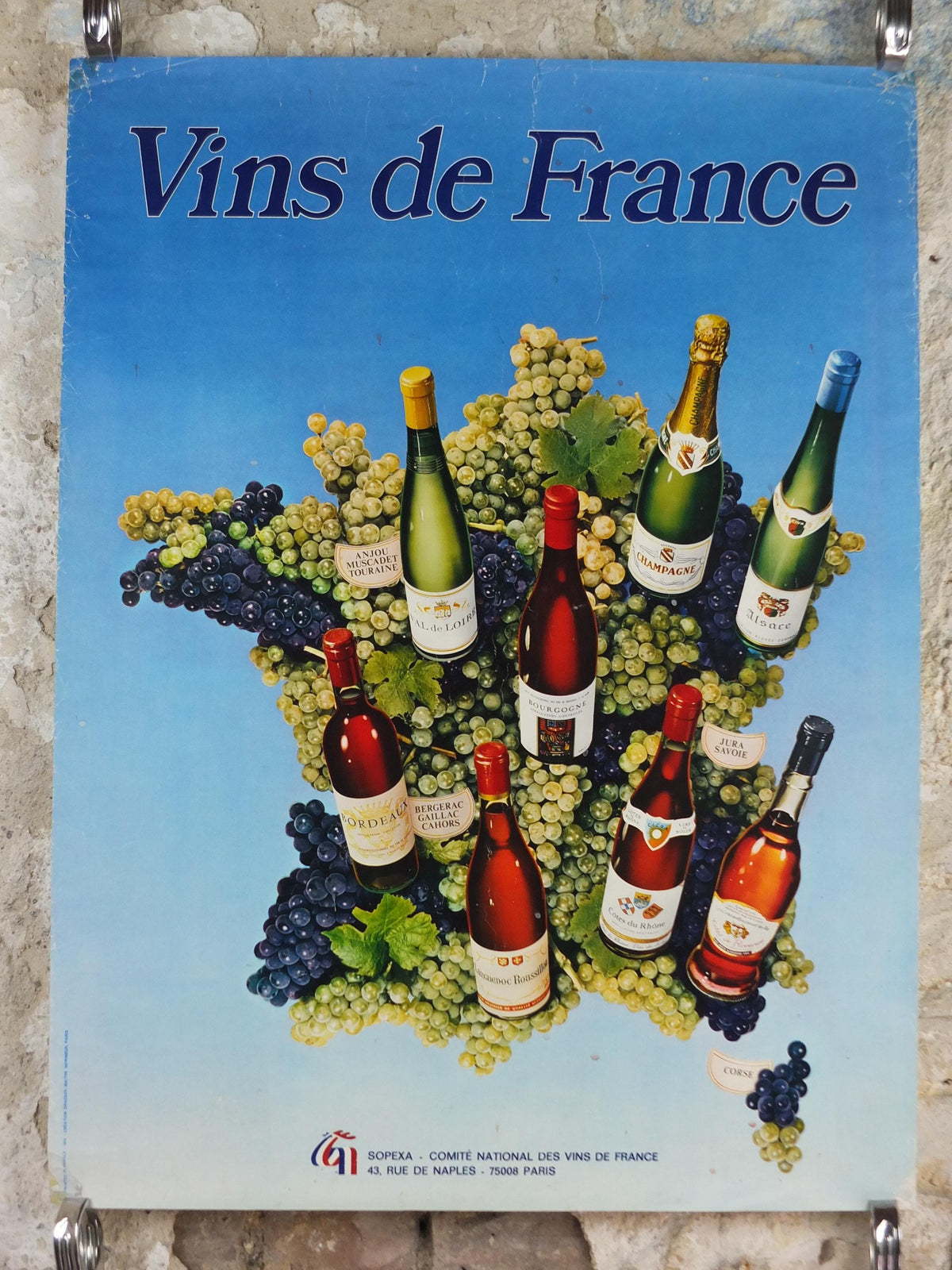 1974 Wines of France Poster, Types of French wines, Vins de France, advertising and marketing, Viticulture print wall art decor