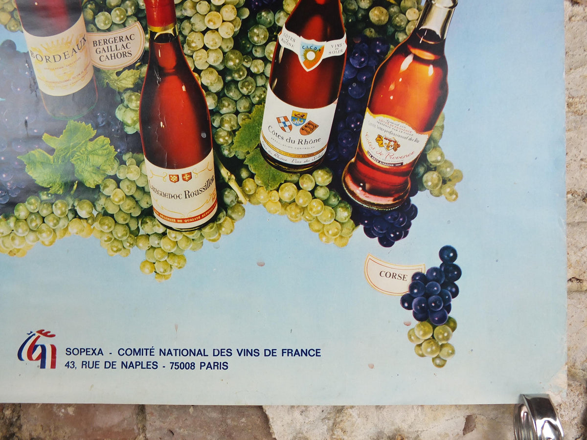 1974 Wines of France Poster, Types of French wines, Vins de France, advertising and marketing, Viticulture print wall art decor
