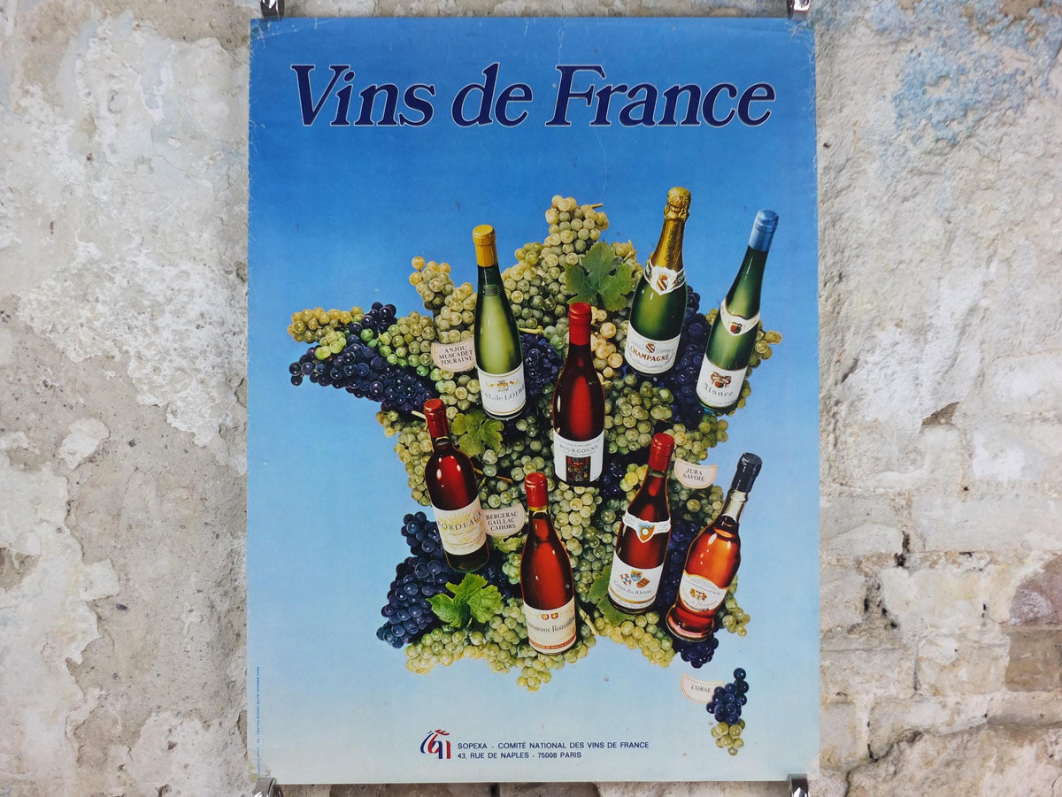 1974 Wines of France Poster, Types of French wines, Vins de France, advertising and marketing, Viticulture print wall art decor