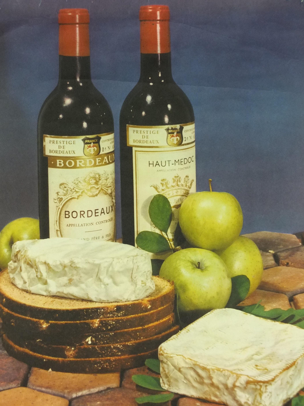 1960s Cheeses of France Poster, soft cheeses with apples, Fromages de France, cheesemaking, Bordeaux viticulture, kitchenalia wall art decor