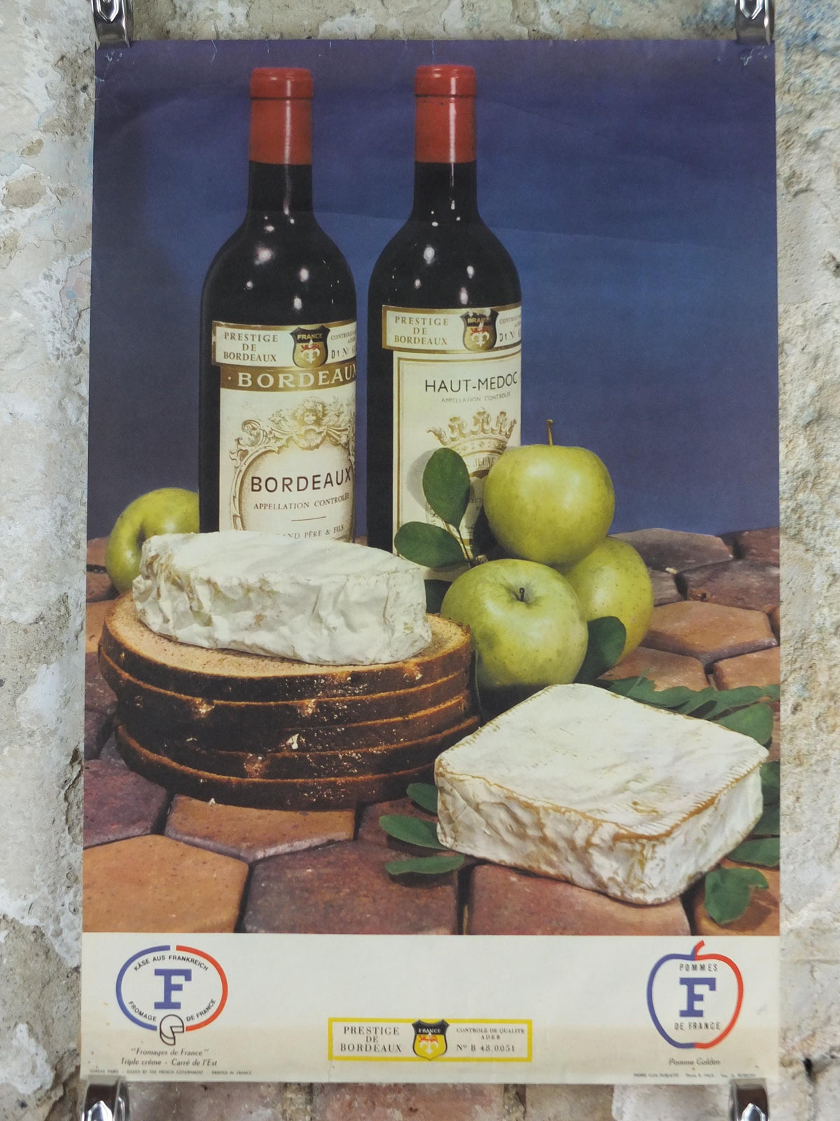 1960s Cheeses of France Poster, soft cheeses with apples, Fromages de France, cheesemaking, Bordeaux viticulture, kitchenalia wall art decor
