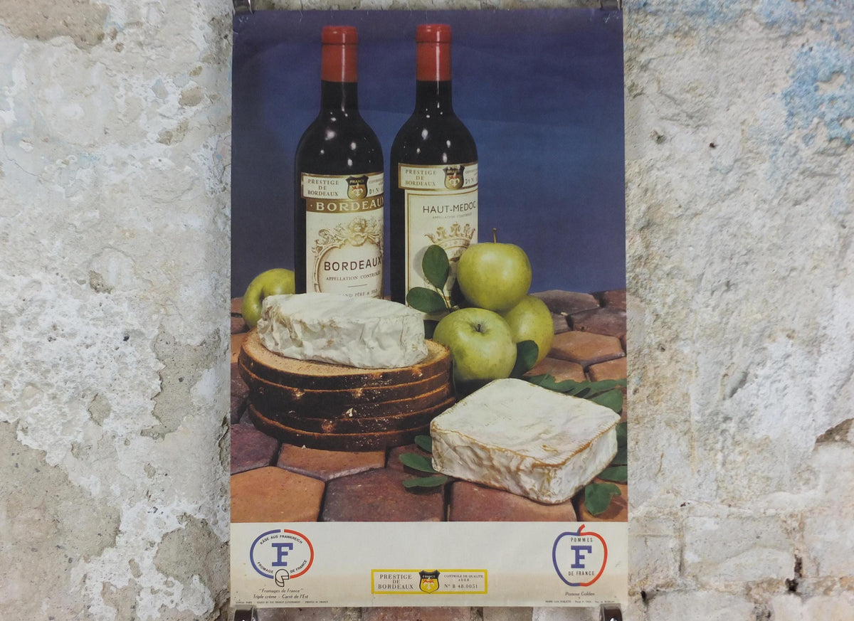 1960s Cheeses of France Poster, soft cheeses with apples, Fromages de France, cheesemaking, Bordeaux viticulture, kitchenalia wall art decor