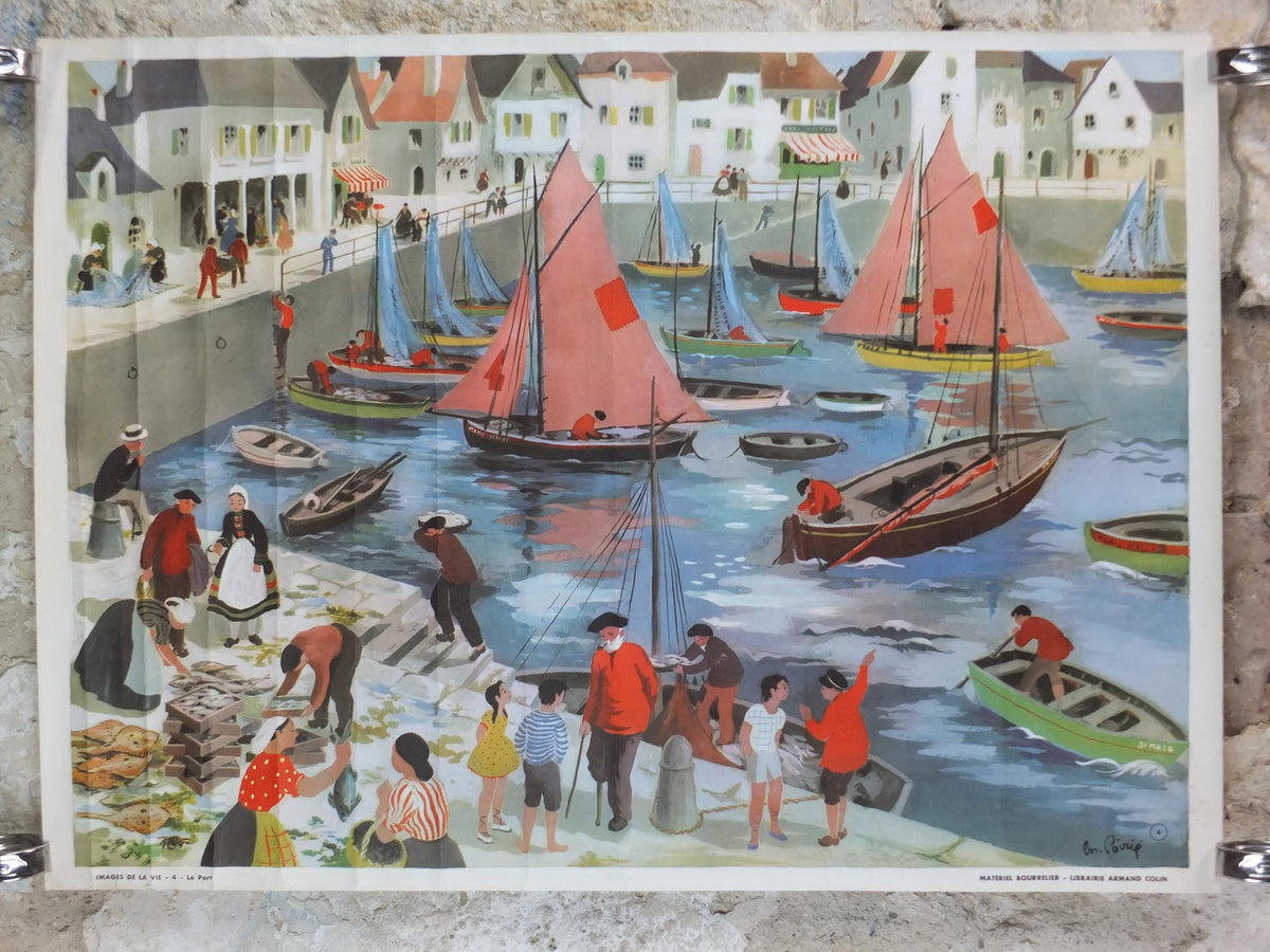 French Harbour or Port Poster, Street Scenes by Helene Poirie, La Port from Editions Bourrelier, wall art retro decor