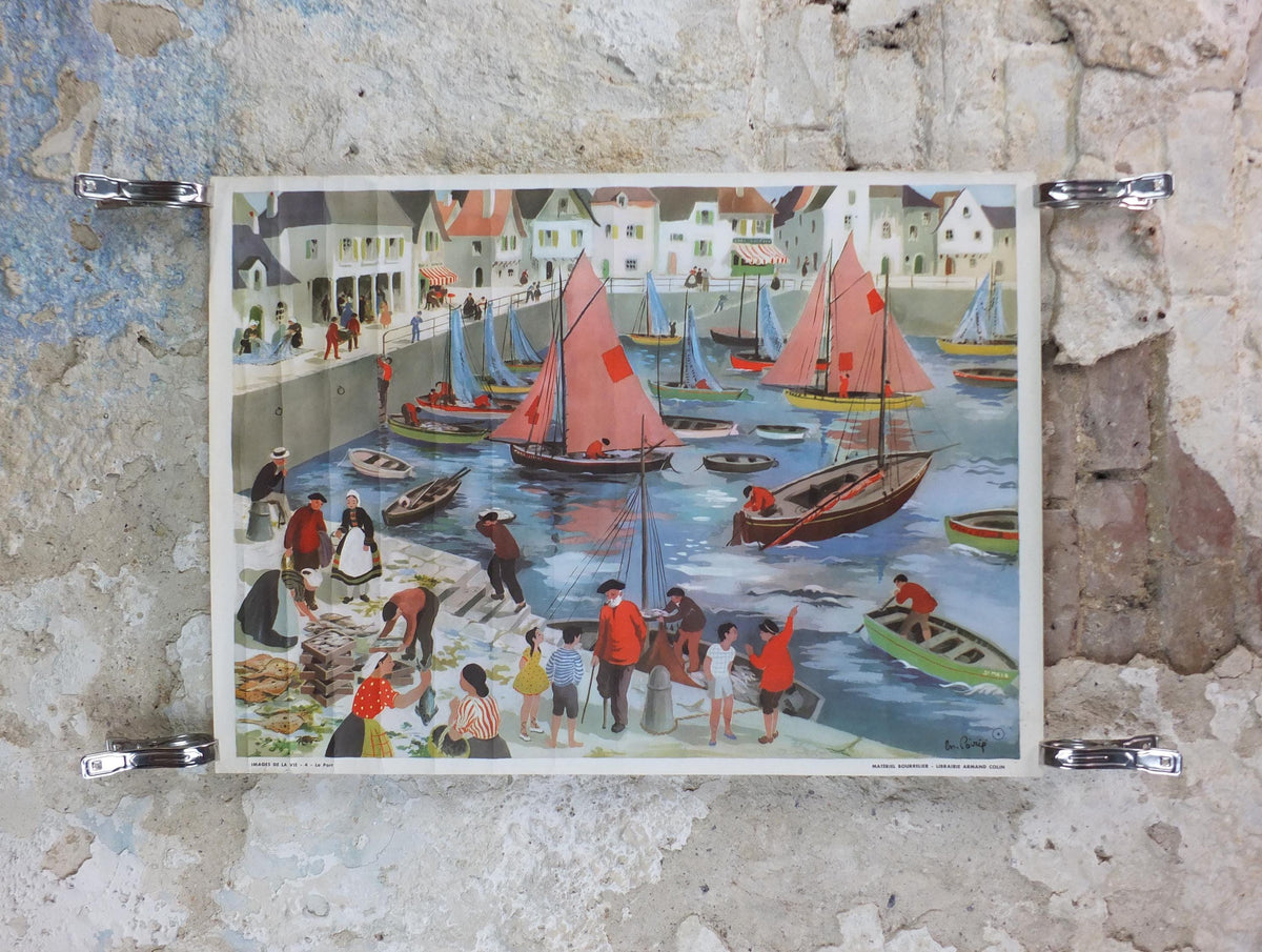 French Harbour or Port Poster, Street Scenes by Helene Poirie, La Port from Editions Bourrelier, wall art retro decor