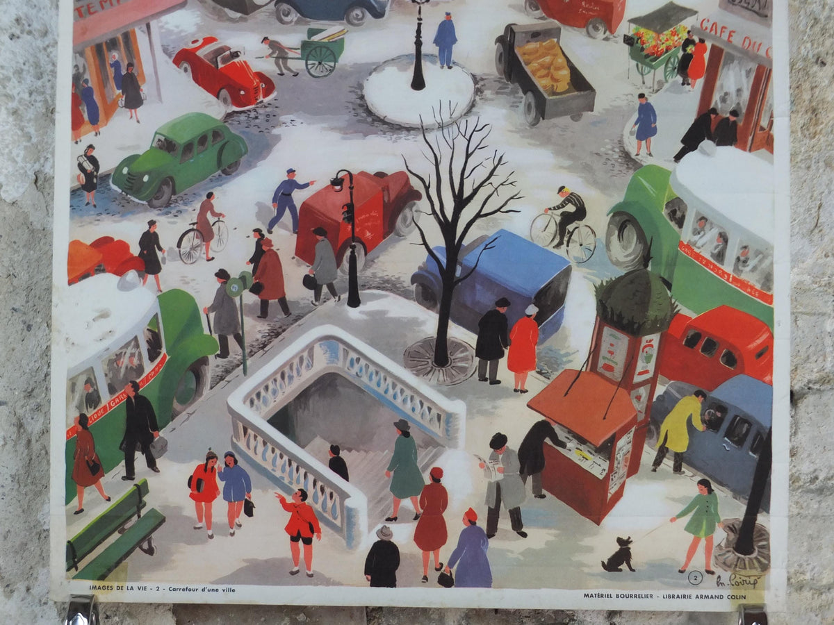 French Crossroads of a City Poster, Urban Street Scenes by Helene Poirie, Carrefour d'une Ville, Editions Bourrelier, wall art retro decor