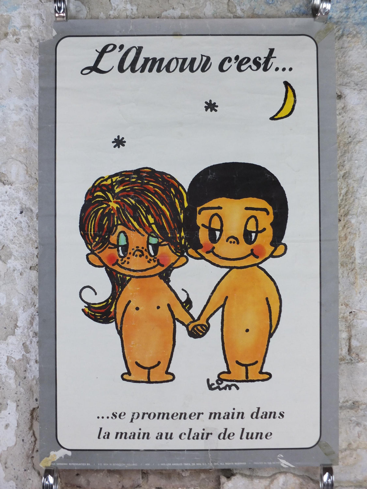 1973 Love is .... Poster, Love is walking hand in hand in the moonlight, L'Amour c'est by Kim Casali, Verkerke, French wall art decor