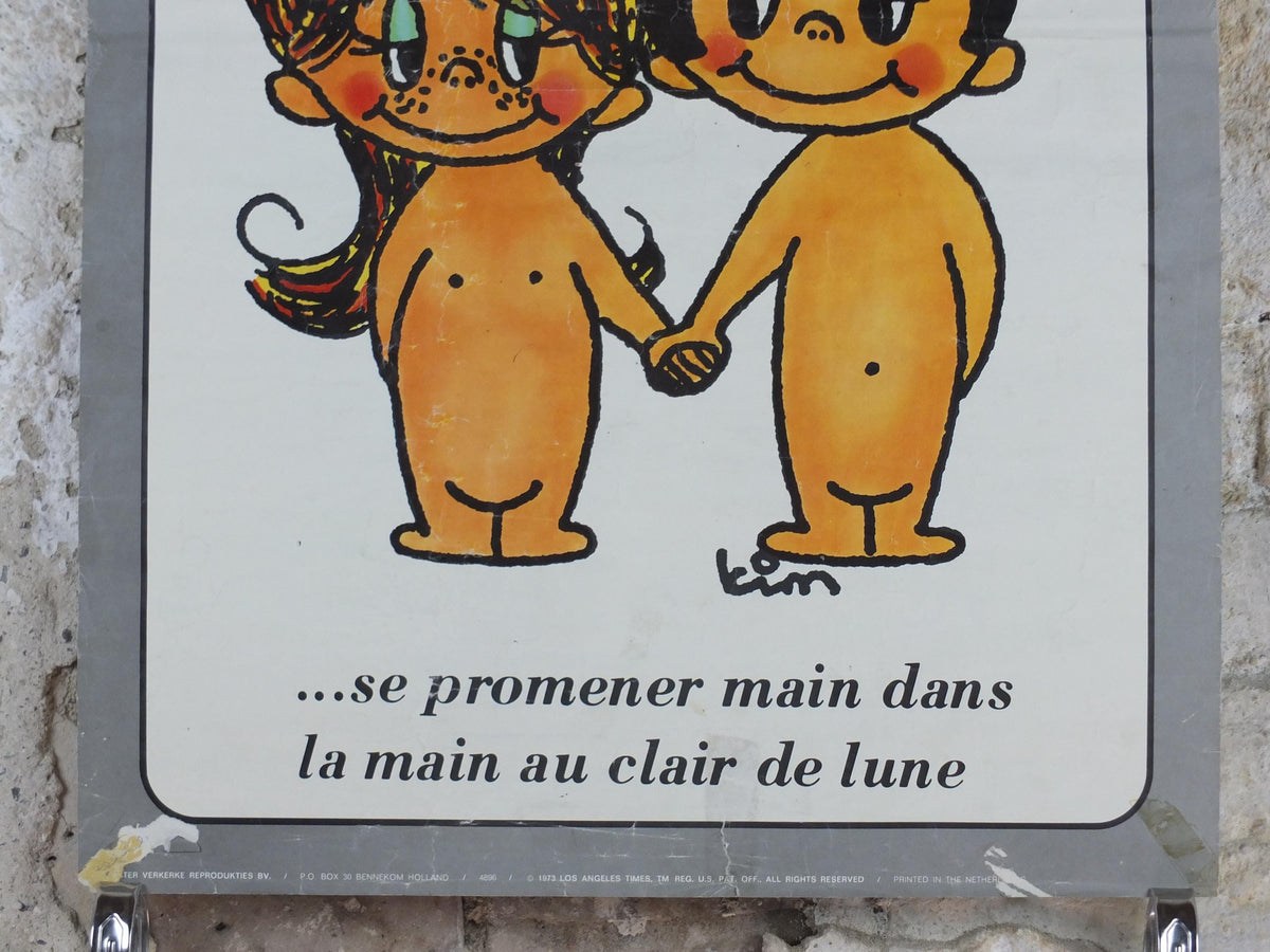 1973 Love is .... Poster, Love is walking hand in hand in the moonlight, L'Amour c'est by Kim Casali, Verkerke, French wall art decor