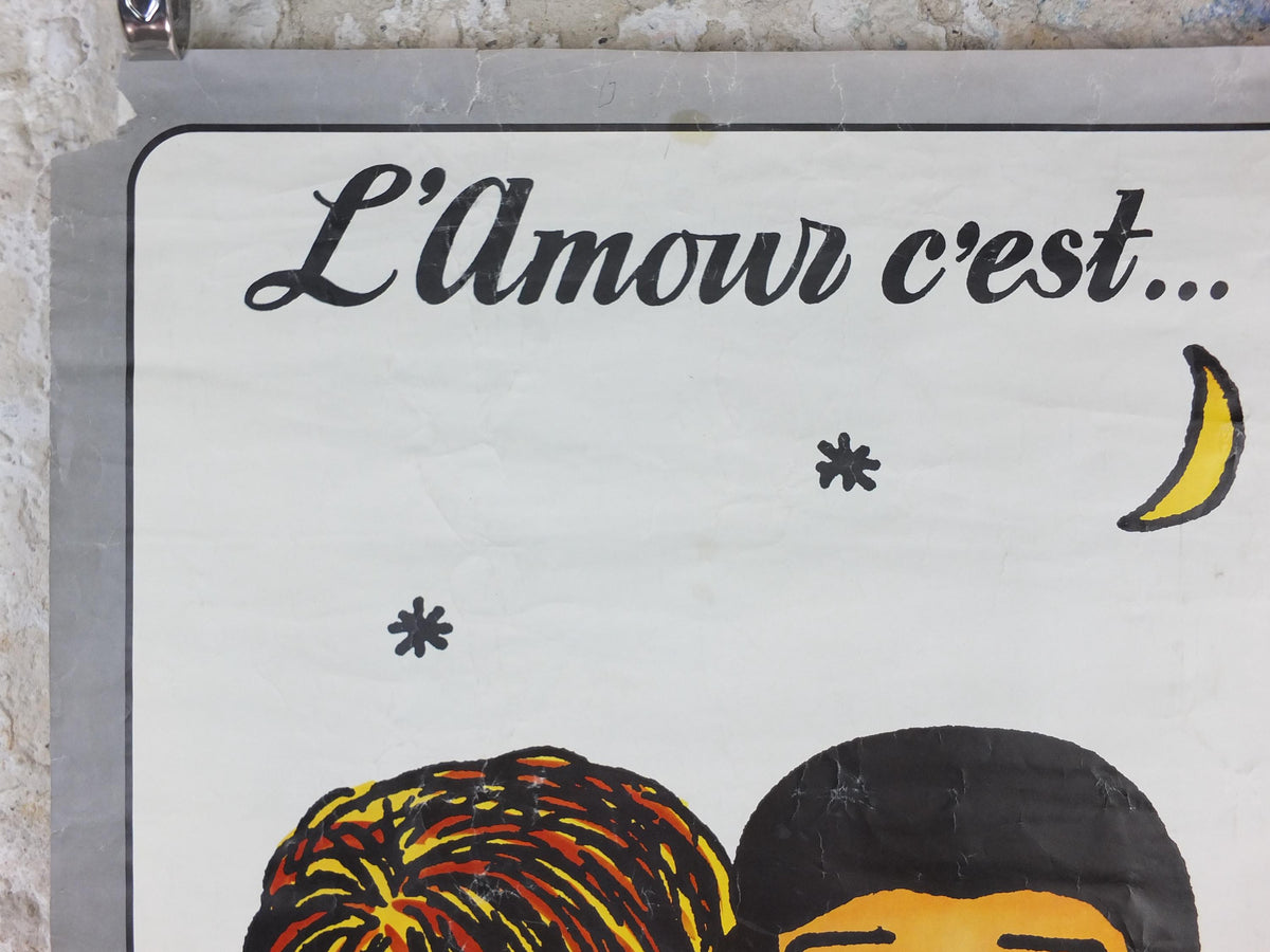 1973 Love is .... Poster, Love is walking hand in hand in the moonlight, L'Amour c'est by Kim Casali, Verkerke, French wall art decor