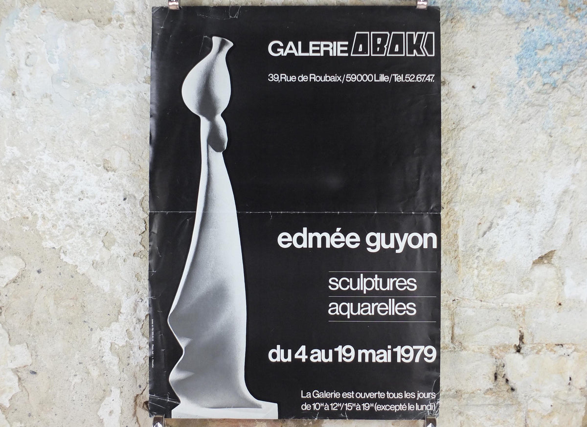 1979 Edmée Guyon Poster, Woman balancing a pot on her head sculpture, artist gallery exhibition, wall art decor