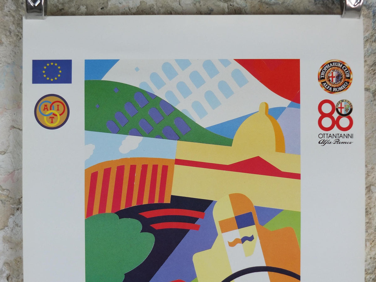 1990 Alfa Romeo Italy Poster, Rome Eurotrophaeum, 80 year anniversary, Ottantanni, art deco style by Enrico Dordoni, wall art decor