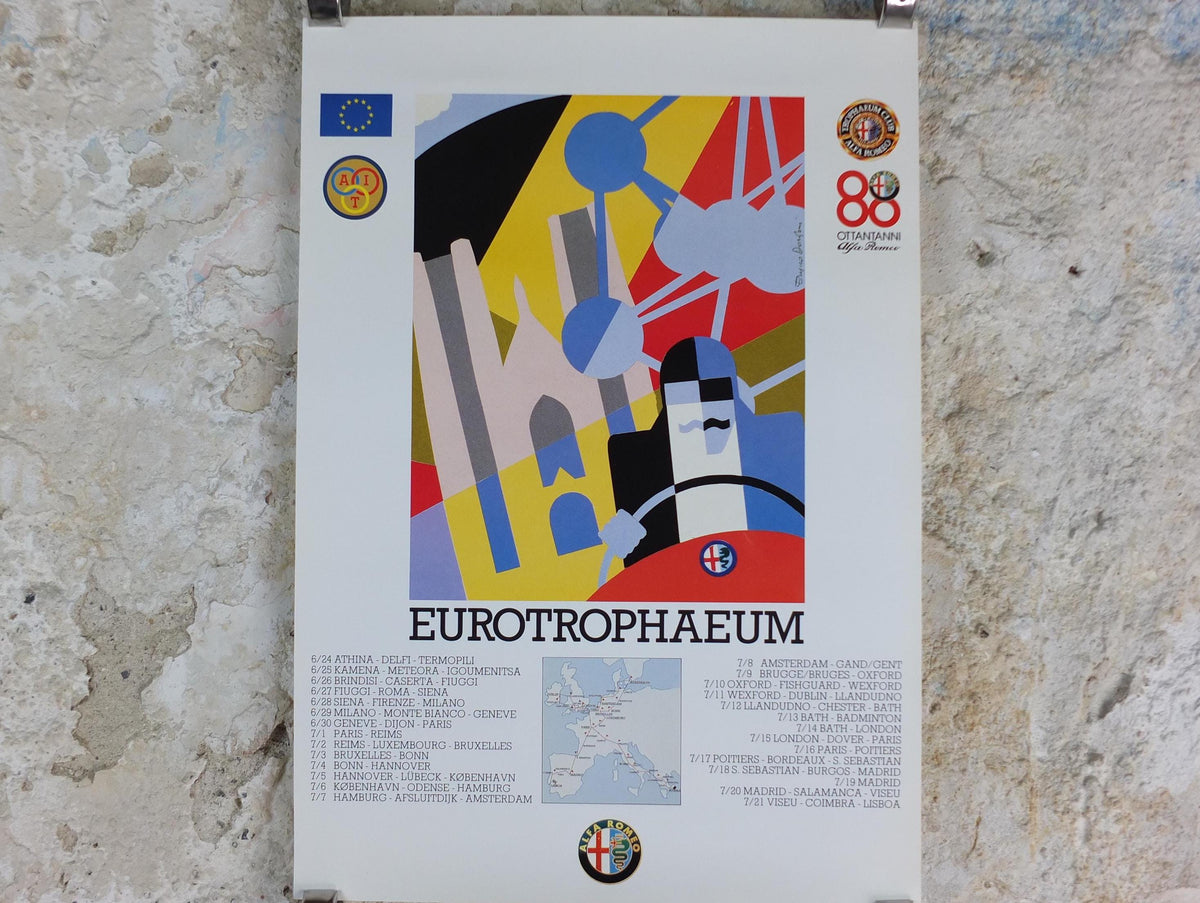 1990 Alfa Romeo Belgium Poster, Brussels Eurotrophaeum, 80th anniversary, Ottantanni, art deco style by Enrico Dordoni, wall art decor